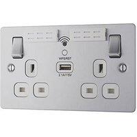 LAP 13A 2-Gang SP Switched Wi-Fi Extender Socket + 2.1A 10.5W 1-Outlet Type A USB Charger Brushed Stainless Steel with White Inserts (883HF)