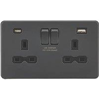 Knightsbridge 13A 2-Gang SP Switched Socket + 4.0A 20W 2-Outlet Type A & C USB Charger Anthracite with Black Inserts (886PY)