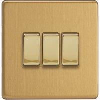 Varilight 10A 3-Gang 2-Way Light Switch Brushed Brass with Colour-Matched Inserts (891YT)
