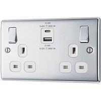 British General Nexus Metal 13A 2-Gang SP Switched Socket + 2.4A 22W 2-Outlet Type A & C USB Charger Polished Chrome with White Inserts (892PM)