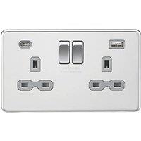 Knightsbridge 13A 2-Gang SP Switched Socket + 4.0A 20W 2-Outlet Type A & C USB Charger Polished Chrome with Grey Inserts (895PY)
