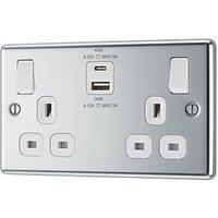 LAP 13A 2-Gang SP Switched Socket + 3A 45W 2-Outlet Type A & C USB Charger Polished Chrome with White Inserts (916PN)