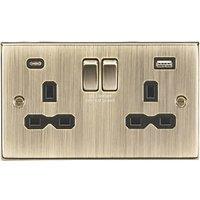 Knightsbridge 13A 2-Gang SP Switched Socket + 4.0A 20W 2-Outlet Type A & C USB Charger Antique Brass with Black Inserts (922PX)