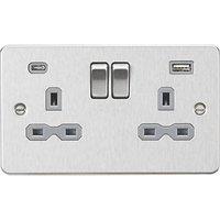 Knightsbridge 13A 2-Gang SP Switched Socket + 4.0A 20W 2-Outlet Type A & C USB Charger Brushed Chrome with Grey Inserts (925PY)