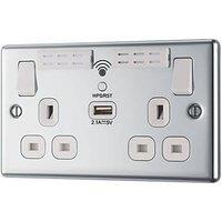 LAP 13A 2-Gang SP Switched Wi-Fi Extender Socket + 2.1A 10.5W 1-Outlet Type A USB Charger Polished Chrome with White Inserts (933HF)