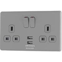 Arlec 13A 2-Gang SP Switched Socket + 4A 15W 2-Outlet Type A USB Charger Grey with Colour-Matched Inserts (938RU)