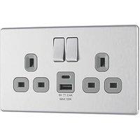 LAP 13A 2-Gang SP Switched Socket + 2.4A 12W 2-Outlet Type A & C USB Charger Brushed Steel with Grey Inserts (941PN)