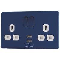 Arlec 13A 2-Gang SP Switched Socket + 4A 15W 2-Outlet Type A USB Charger Blue with White Inserts (946RU)