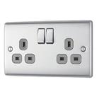 British General Nexus Metal 13A 2-Gang DP Switched Plug Socket Brushed Steel with Graphite Inserts (