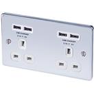 LAP 13A 2-Gang Unswitched Socket + 4.2A 10.5W 4-Outlet Type A USB Charger Polished Chrome with White