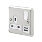 MK Contoura 13A 1-Gang DP Switched Socket + 2A 10.5W 2-Outlet Type A USB Charger Brushed Stainless S