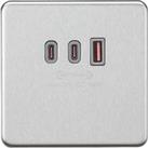 Knightsbridge 5A 63W 3-Outlet Type A & C USB Socket Brushed Chrome with Grey Inserts (853PX)
