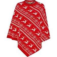 Christmas Claudia Reindeer & Snowflake Print Womens Poncho Cape Red Stylish