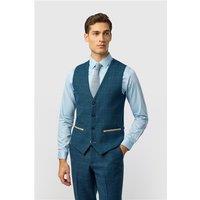 Marc Darcy Slim Fit Dion Blue Tweed Herringbone Check Waistcoat