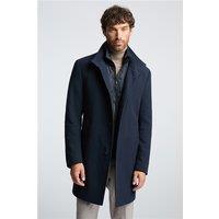 Melka Slim Fit Navy Blue Funnel Neck Overcoat With Padded Insert