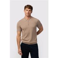 Melka Taupe Quarter Zip Knit Regular Fit Polo Grey, Cotton