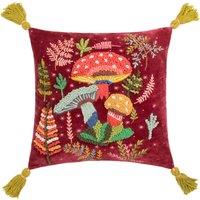 Wylder Nature Magic Mushrooms Embroidered Filled Cushion 45cm x 45cm Ruby Red