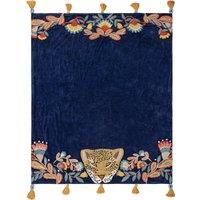 Regal Leopard Embroidered Tasselled Throw 130cm x 150cm Royal Blue