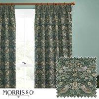 Morris & Co. Strawberry Thief Jacquard Floral Ready Made Pencil Pleat Curtains Forest Green