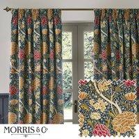 Morris & Co. Cray Floral Printed Velvet Ready Made Pencil Pleat Curtains Indigo Berry