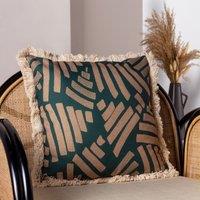 Paoletti Oromo Printed Geometric Fringed 45cm x 45cm Filled Cushion Green