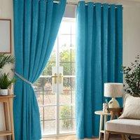 Chenille Triple Woven Ready Made Eyelet Blackout Curtains Teal