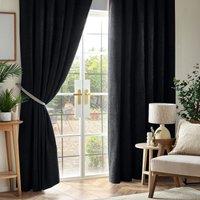 Chenille Triple Woven Ready Made Blackout Pencil Pleat Curtains Black