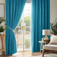 Chenille Triple Woven Ready Made Blackout Pencil Pleat Curtains Teal