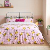 Gingham Lemons Duvet Cover Bedding Set Pink
