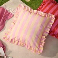 Furn Palm Royale Stripe Ruffle Printed Outdoor Filled Cushion 50cm x 50cm Pink Yellow