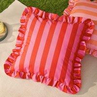 Furn Palm Royale Stripe Ruffle Printed Outdoor Filled Cushion 50cm x 50cm Pink Red