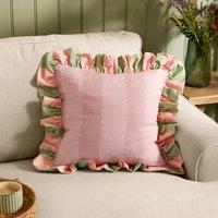 Wylder Birdie Stripe Ruffle 45cm x 45cm Filled Cushion Pink Green