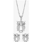 Silver Cubic Zirconia Owl Pendant and Earring Set E615090+P614130