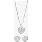 Silver Pav Heart Pendant and Studs Set E611718+P611854