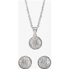 Silver Cubic Zirconia Textured Button Pendant and Earring Set E610348+P610561