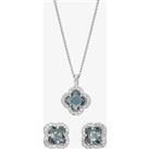 Silver Blue Cubic Zirconia Flower Pendant and Earring Set E613042+SS50-P