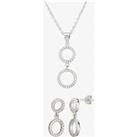 Silver Double Cubic Zirconia Halo Pendant and Dropper Earring Set SET12519