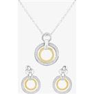 Two Tone Cubic Zirconia Double Open Circle Pendant and Earring Set SET12423
