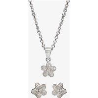 Silver Cubic Zirconia Textured Flower Pendant and Earring Set E610851+E610851-P