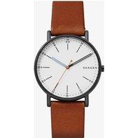 Skagen Mens Signatur Stainless Steel White Dial Brown Leather Strap Watch SKW6374