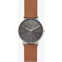 Skagen Mens Signatur Stainless Steel Dark Grey Dial Brown Leather Strap Watch SKW6578