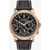 Citizen Mens Calendrier Rose Gold Plated Black Day Date Dial Brown Leather Strap Watch BU2023-04E