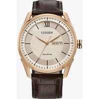 Citizen Mens Eco-Drive Gold Plated Dial & Leather Strap Watch AW0082-01A