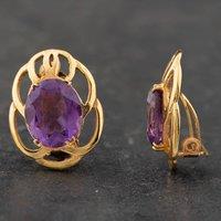 Pre-Owned 9ct Yellow Gold Amethyst Oval Clip On Earrings 41171170