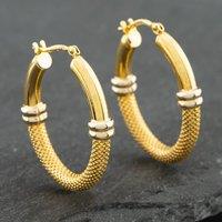 Pre-Owned 9ct Two Colour Gold 20mm Half Patterned Oval Hoop Earrings 41171406