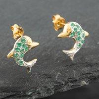 Pre-Owned Two Colour Gold Emerald & Single Cut Diamond Dolphin Stud Earrings 41171424