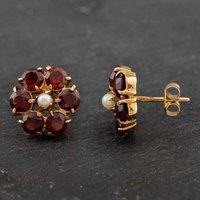 Pre-Owned 9ct Yellow Gold Garnet & Pearl Cluster Stud Earrings 41171897