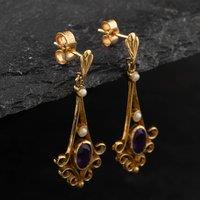 Pre-Owned 9ct Yellow Gold Amethyst & Seed Pearl Dropper Earrings 41171922