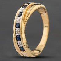 Pre-Owned 9ct Yellow Gold Sapphire & Single Cut Diamond Crossover Half Eternity Ring 41381345