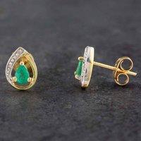 Pre-Owned 9ct Yellow Gold 0.10ct Emerald & 0.05ct Brilliant Cut Diamond Stud Earrings 43170056